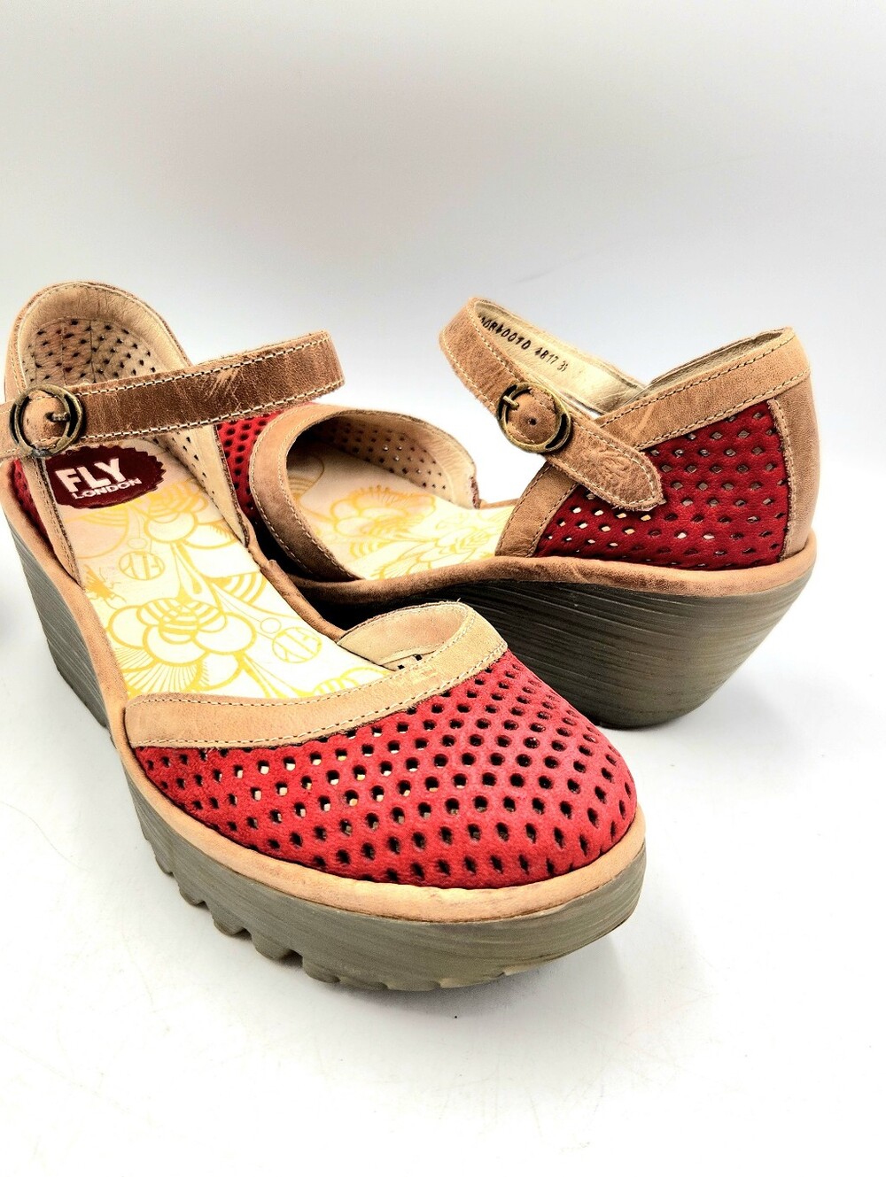 Fly London Yven Wedge Mary Jane Shoe Lipstick Red Leather Womens 8 Perforated